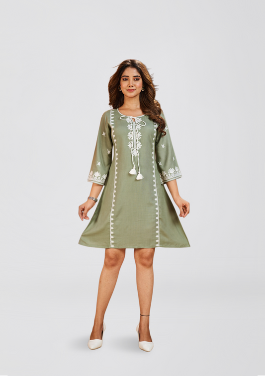 Women’s Olive Green Embroidered Short Kurti Dress | A-Line Tassel Tunic for Casual & Festive Wear