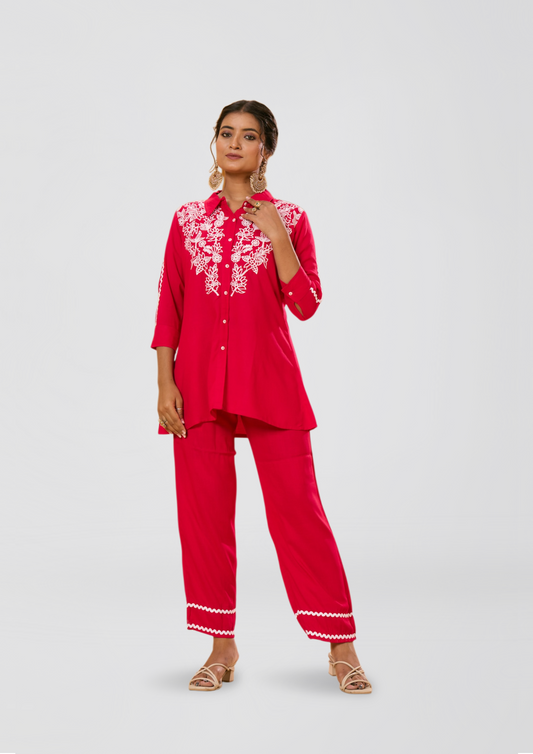Women’s Hot Pink Cotton Kurti Set with White Embroidery | 2-Piece Shirt Style Co-Ord Set