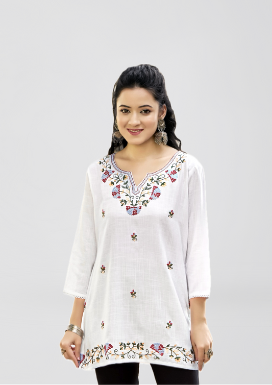 Pure White Liva Fabric Top with Colorful Floral Embroidery for Women