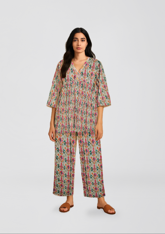 Women’s Printed Kurti Set – Boho Ikat Design | 2-Piece Co-Ord Set