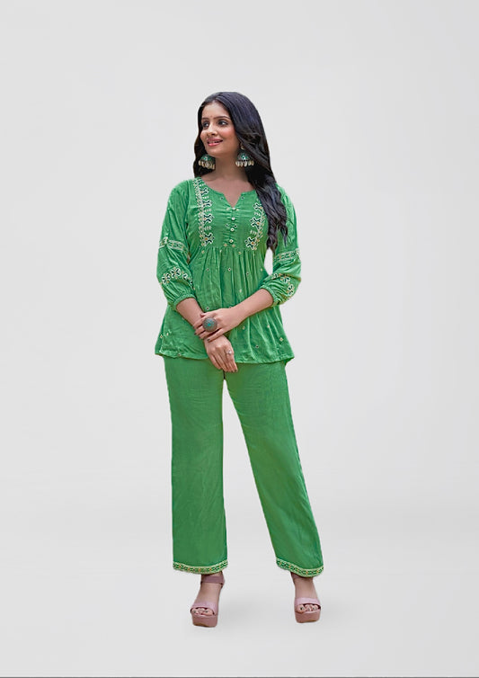 Green Embroidered Kurta Set for Women – Ethnic Co-ord Set with Palazzo Pants