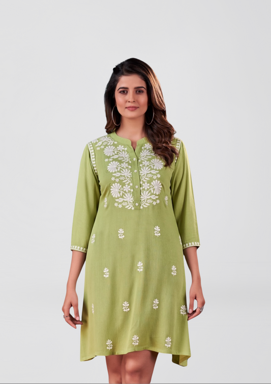 Fresh Green Kurti with White Embroidery