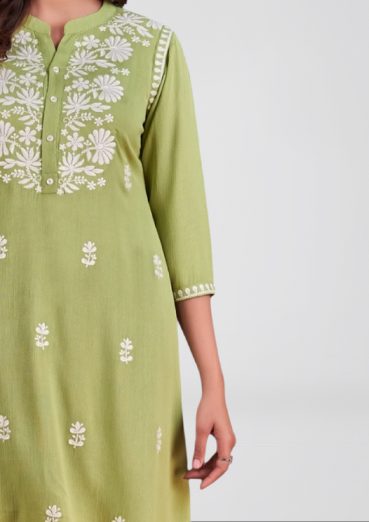Fresh Green Kurti with White Embroidery
