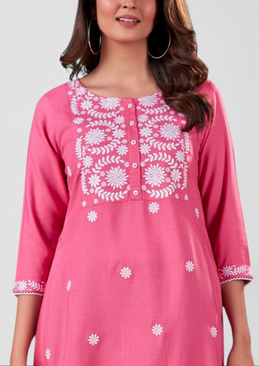 Hot Pink Kurti with White Embroidery