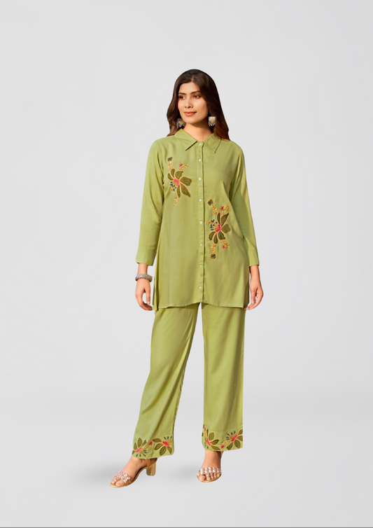 Olive Green Embroidered Co-Ord Set – Elegant & Breathable Kurti