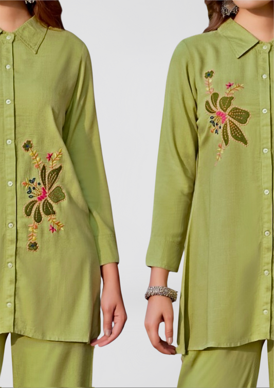 Olive Green Embroidered Co-Ord Set – Elegant & Breathable Kurti