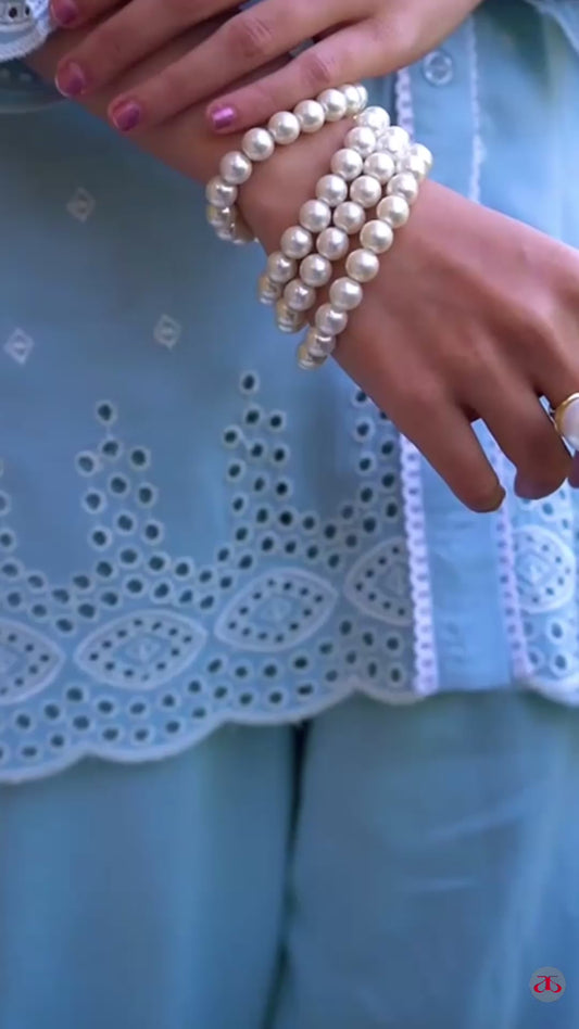 Pastel Blue Embroidered Kurti Set for Women | Eyelet Lace Shirt Kurta with Matching Pant