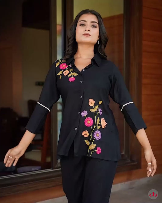 Black Floral Embroidered Co-ord Set in Liva Fabric – Soft & Sustainable Ethnic Wear for Women