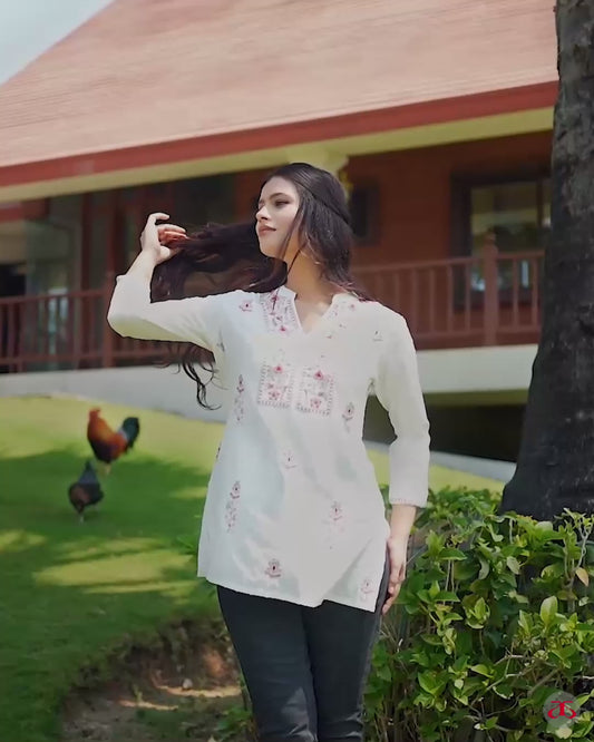 Pure White Floral Embroidered Liva Kurti – Soft & Elegant Everyday Wear