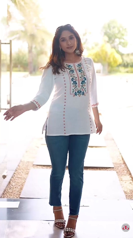 Pure White Embroidered Liva Kurti with Blue & Mustard Floral Detailing – Breezy Everyday Elegance