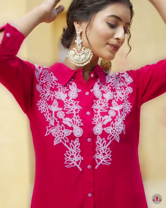 Women’s Hot Pink Cotton Kurti Set with White Embroidery | 2-Piece Shirt Style Co-Ord Set