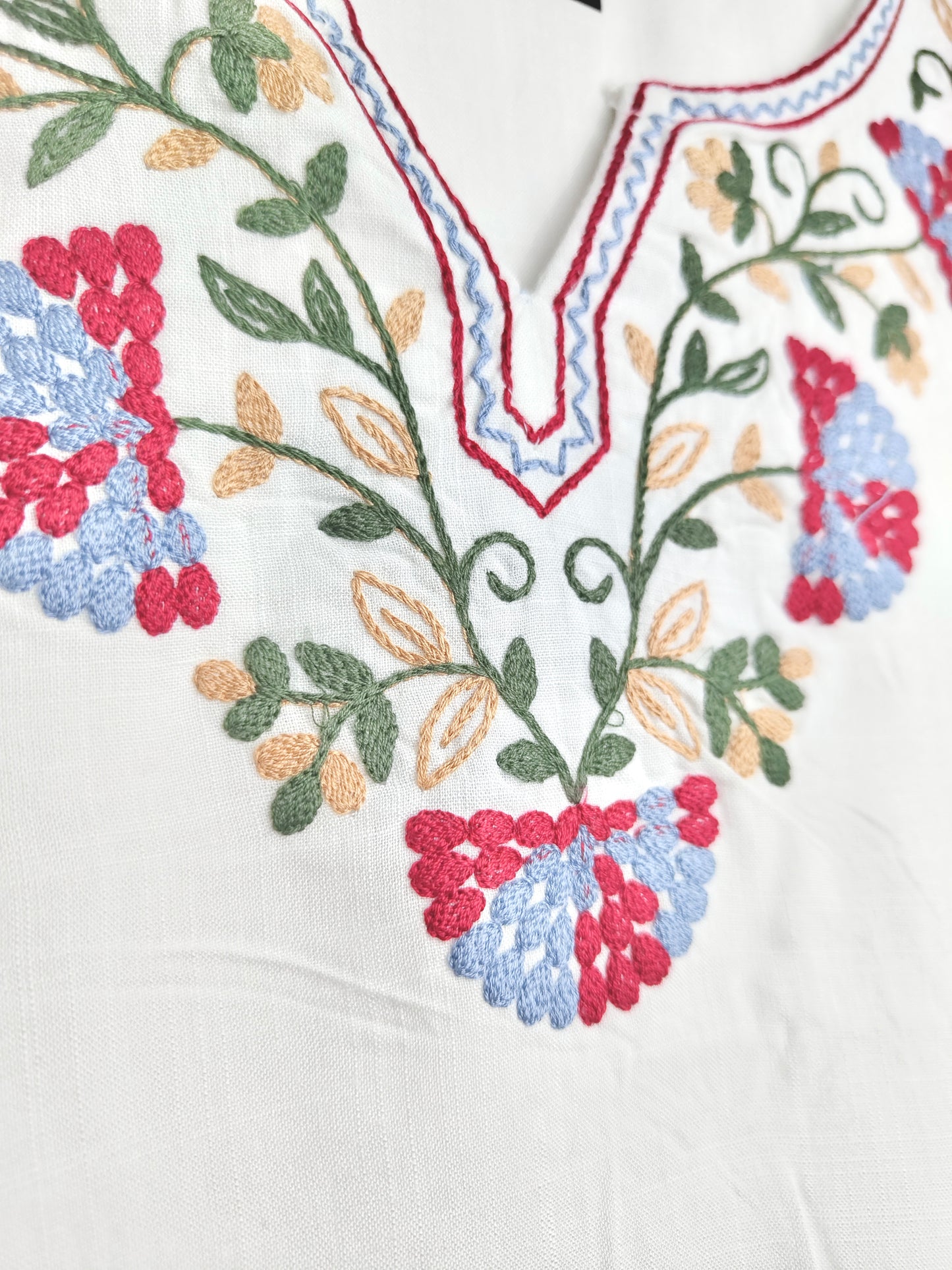 Pure White Liva Fabric Top with Colorful Floral Embroidery for Women