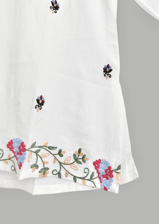 Pure White Liva Fabric Top with Colorful Floral Embroidery for Women