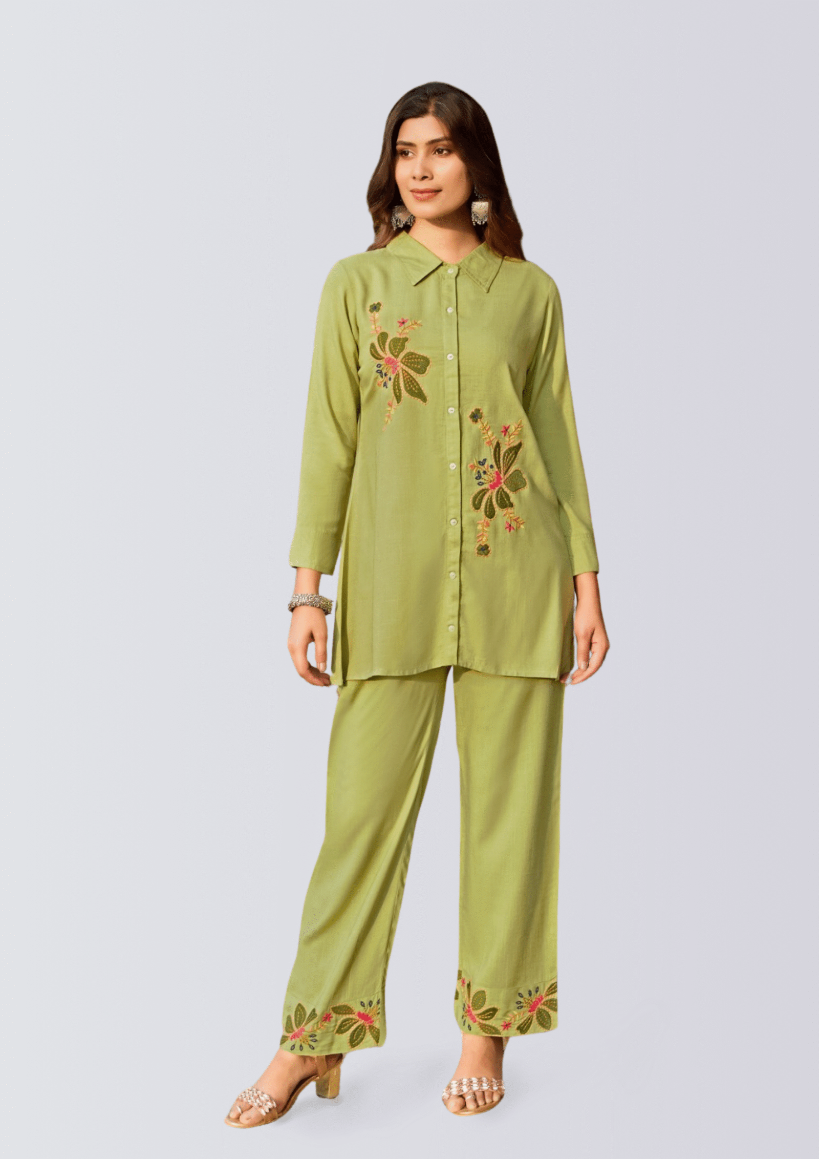 Olive Green Embroidered Co-Ord Set – Elegant & Breathable Kurti