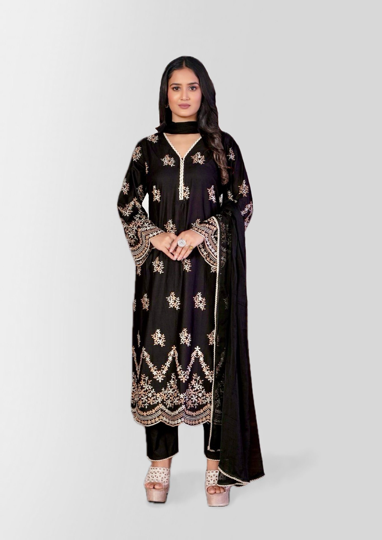 Black Cotton 3-Piece Suit Set for Women – Elegant Embroidered Kurta, Pants & Dupatta