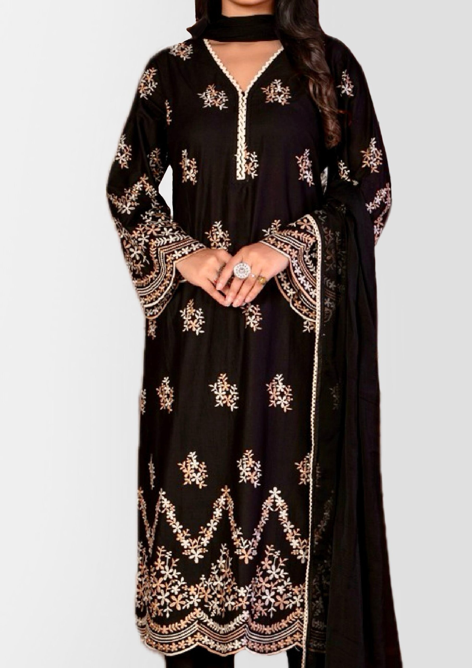 Black Cotton 3-Piece Suit Set for Women – Elegant Embroidered Kurta, Pants & Dupatta - Image 2